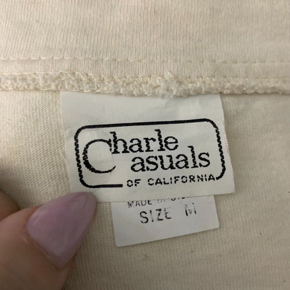 Vintage 90s Hand Painted T Shirt Dress M Cream Crochet Knit Fringe Pockets - Picture 10 of 10